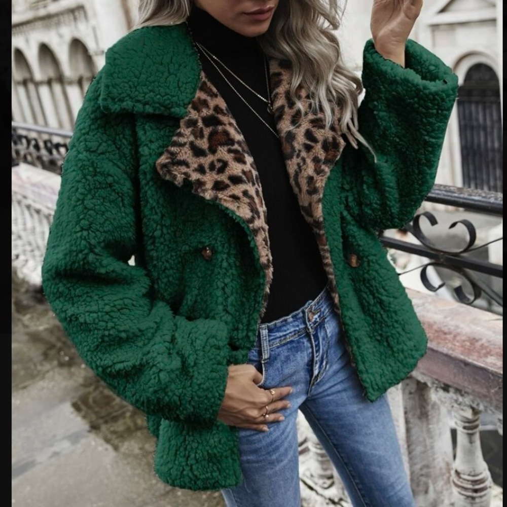 Shein Lune Leopard Print Double Button Teddy Coat - image 3